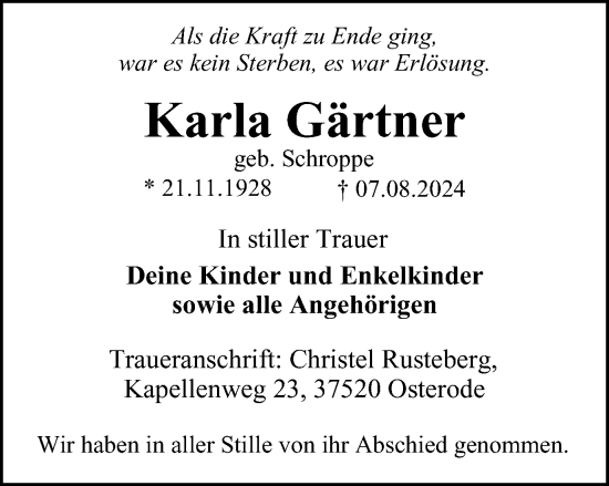 Traueranzeige von Karla Gärtner von Harz Kurier