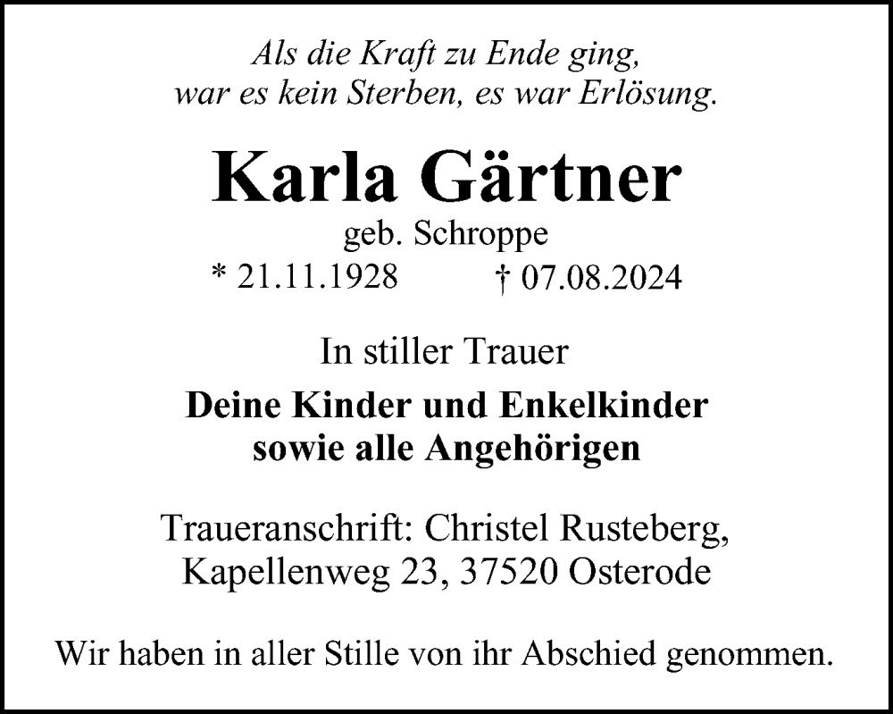  Traueranzeige für Karla Gärtner vom 14.08.2024 aus Harz Kurier