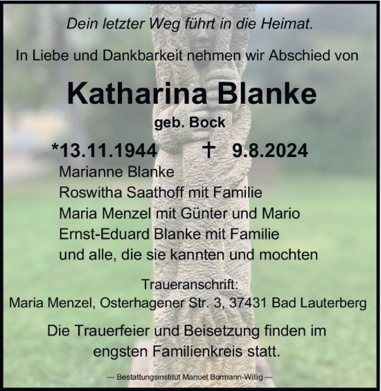 Traueranzeige von Katharina Blanke von Harz Kurier