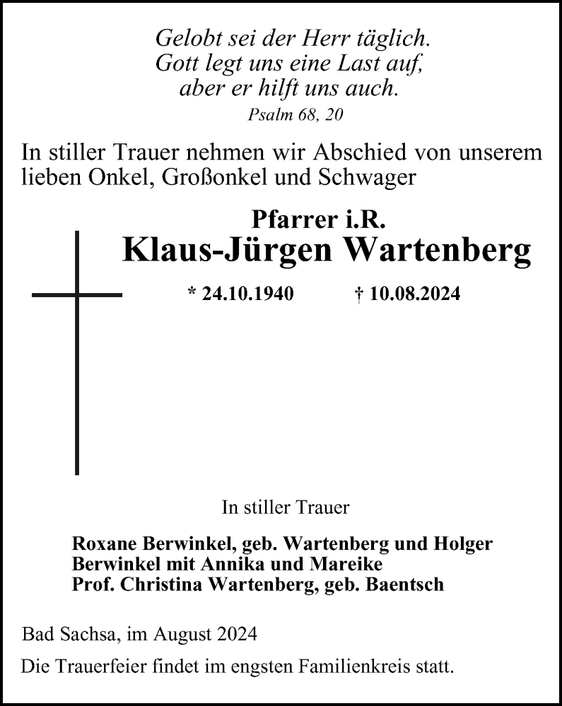  Traueranzeige für Klaus-Jürgen Wartenberg vom 17.08.2024 aus Harz Kurier