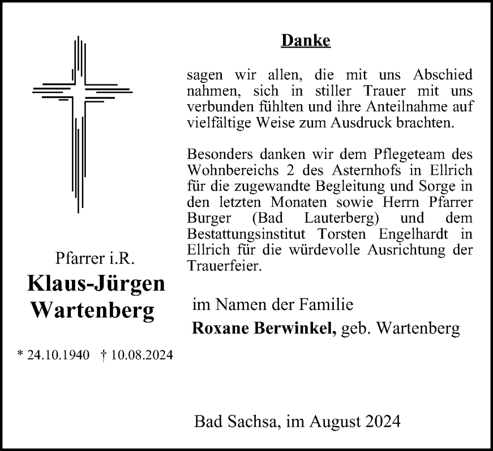  Traueranzeige für Klaus-Jürgen Wartenberg vom 31.08.2024 aus Harz Kurier