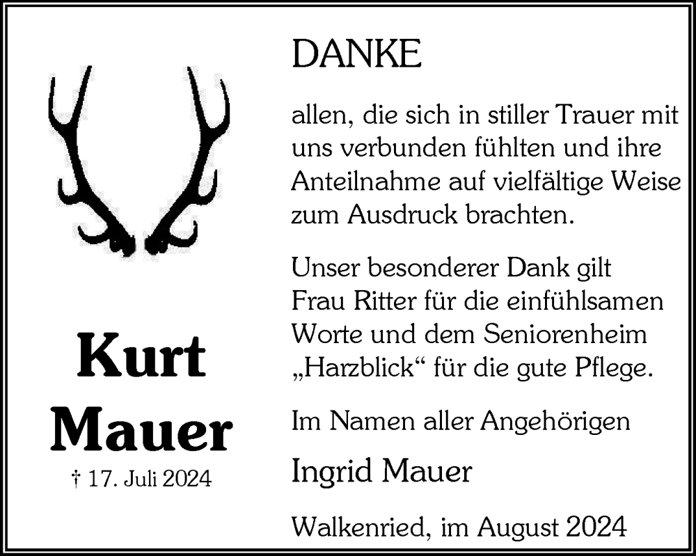  Traueranzeige für Kurt Mauer vom 17.08.2024 aus Harz Kurier