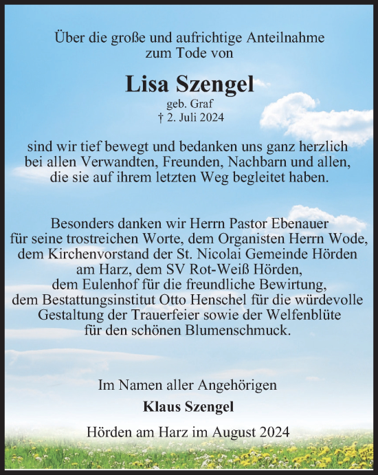 Traueranzeige von Lisa Szengel von Harz Kurier