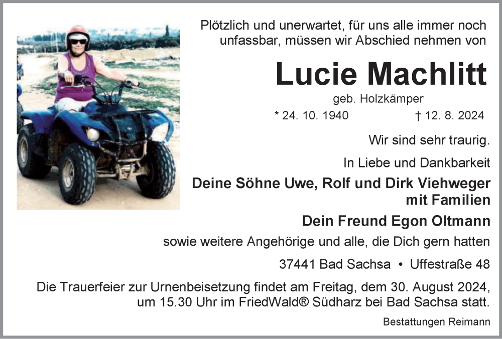 Traueranzeige für Lucie Machlitt vom 24.08.2024 aus Harz Kurier