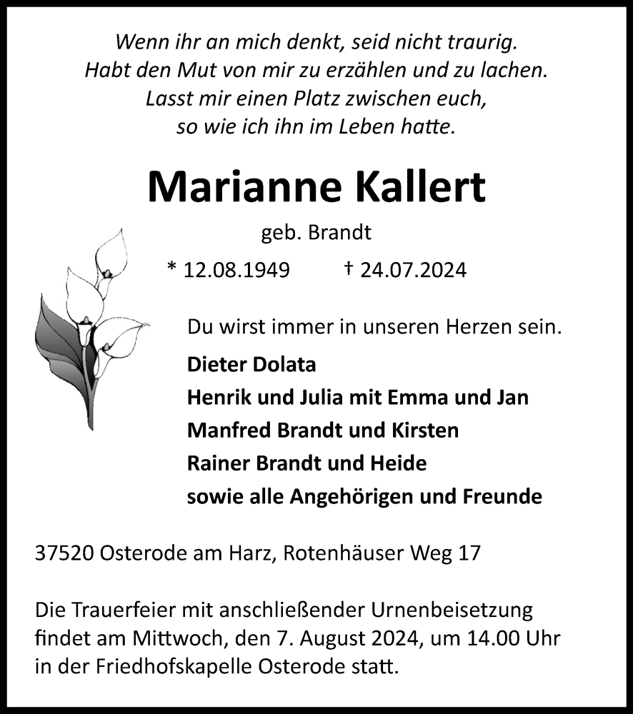  Traueranzeige für Marianne Kallert vom 03.08.2024 aus Harz Kurier