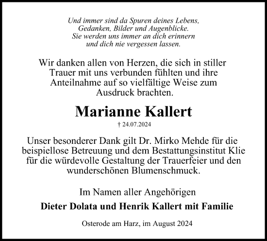 Traueranzeige von Marianne Kallert von Harz Kurier