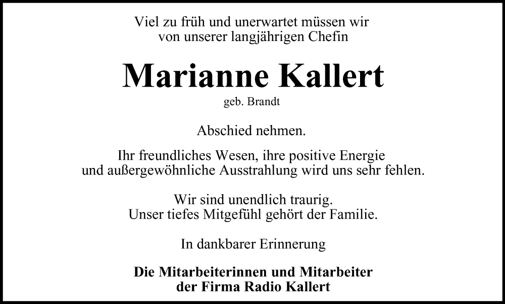  Traueranzeige für Marianne Kallert vom 03.08.2024 aus Harz Kurier