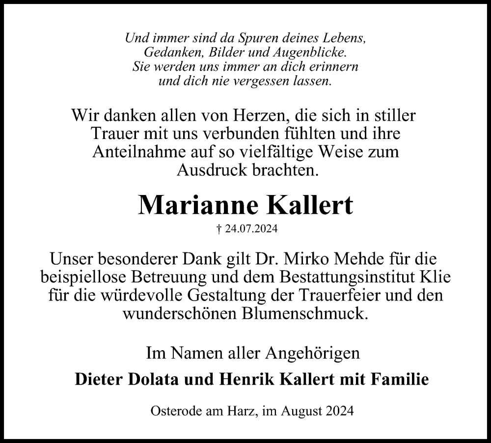  Traueranzeige für Marianne Kallert vom 24.08.2024 aus Harz Kurier