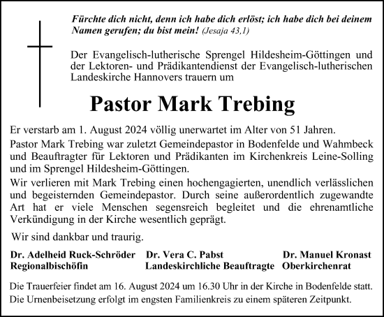Traueranzeige von Mark Trebing von Harz Kurier