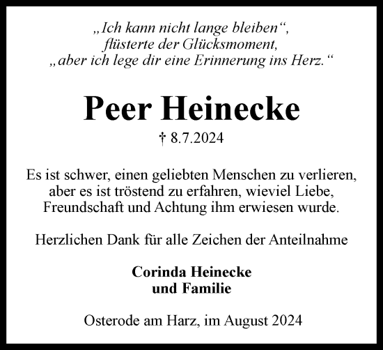Traueranzeige von Peer Heinecke von Harz Kurier