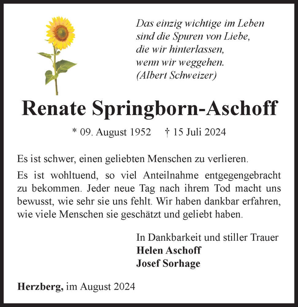  Traueranzeige für Renate Springborn-Aschoff vom 24.08.2024 aus Harz Kurier