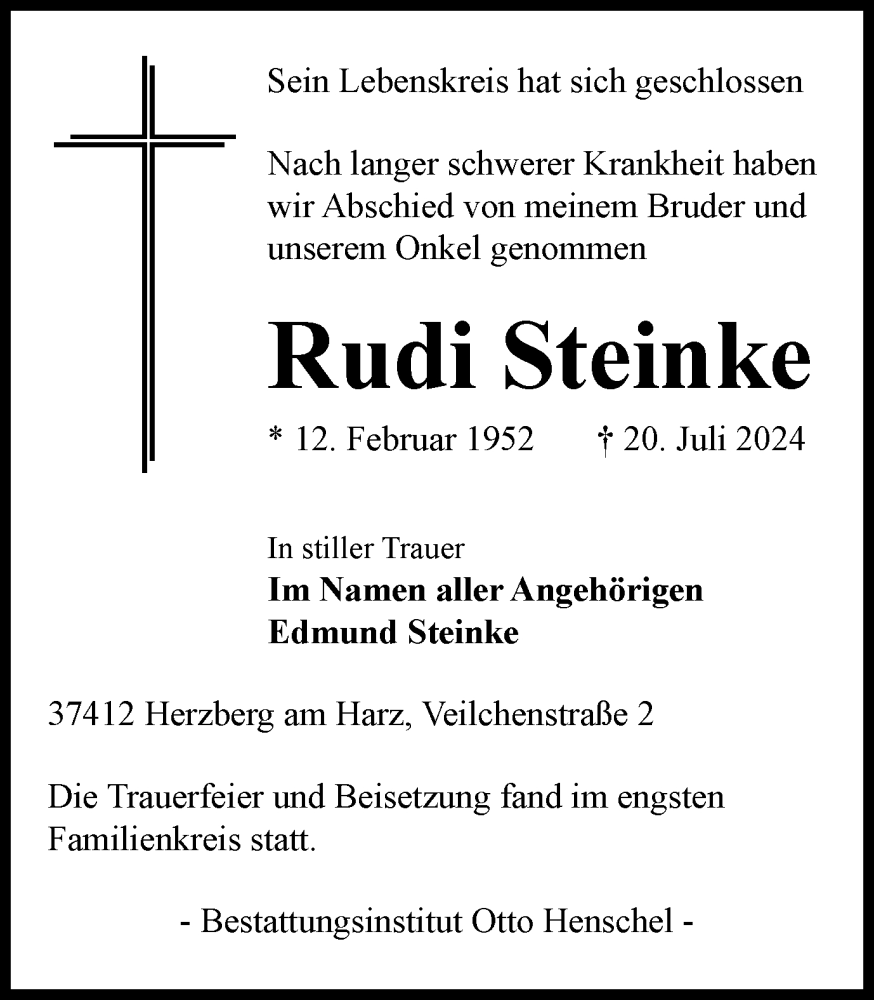  Traueranzeige für Rudi Steinke vom 10.08.2024 aus Harz Kurier