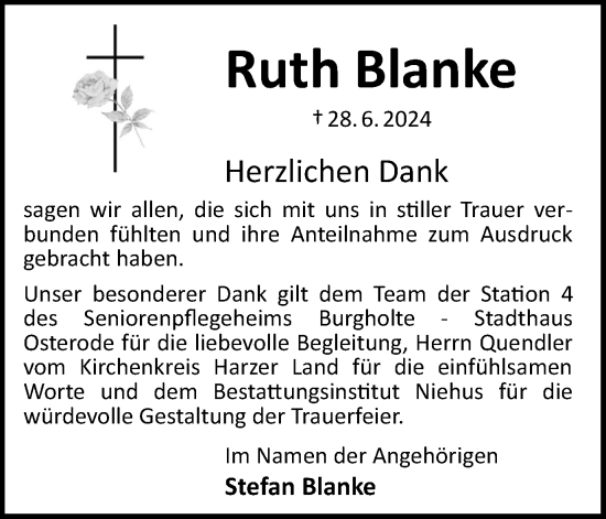 Traueranzeige von Ruth Blanke von Harz Kurier