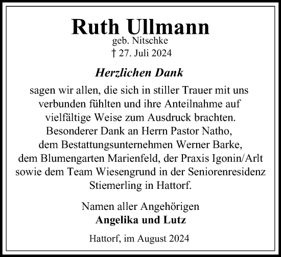 Traueranzeige von Ruth Ullmann von Harz Kurier
