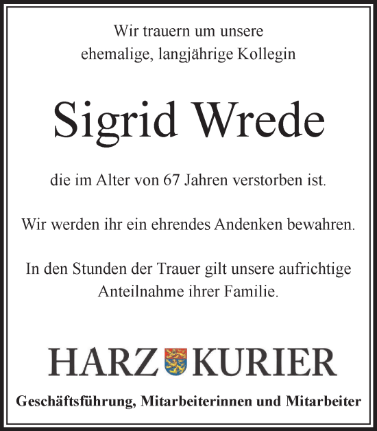 Traueranzeige von Sigrid Wrede von Harz Kurier