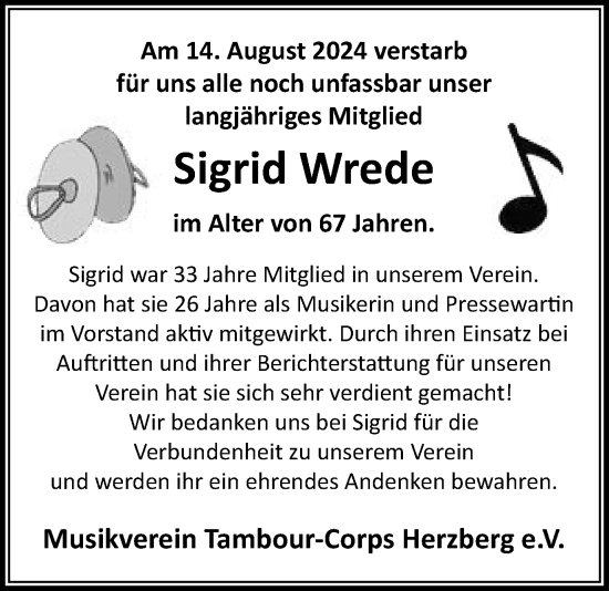 Traueranzeige von Sigrid Wrede von Harz Kurier