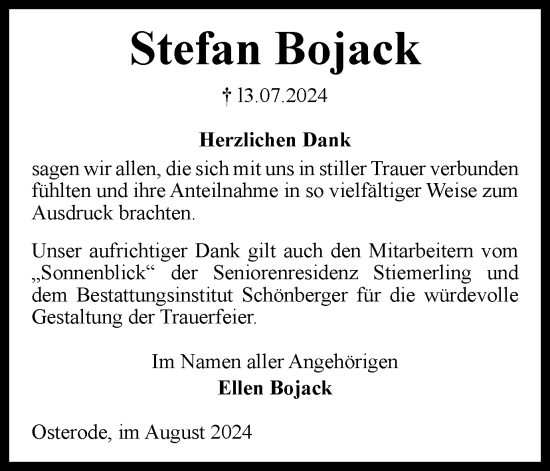 Traueranzeige von Stefan Bojack von Harz Kurier