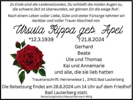 Traueranzeige von Ursula Rippa von Harz Kurier