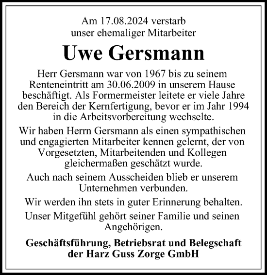 Traueranzeige von Uwe Gersmann von Harz Kurier
