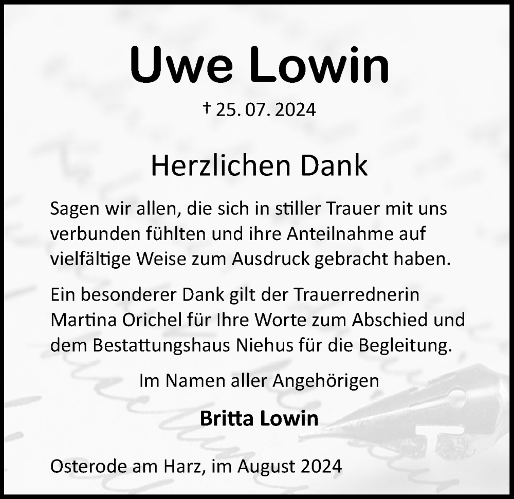  Traueranzeige für Uwe Lowin vom 17.08.2024 aus Harz Kurier