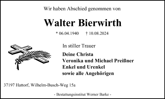 Traueranzeige von Walter Bierwirth von Harz Kurier