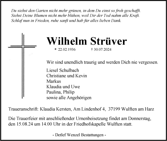 Traueranzeige von Wilhelm Strüver von Harz Kurier