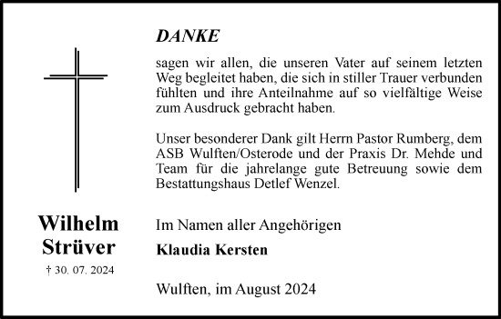 Traueranzeige von Wilhelm Strüver von Harz Kurier