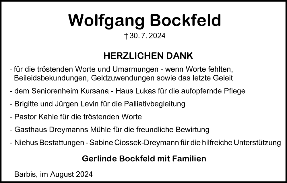  Traueranzeige für Wolfgang Bockfeld vom 24.08.2024 aus Harz Kurier
