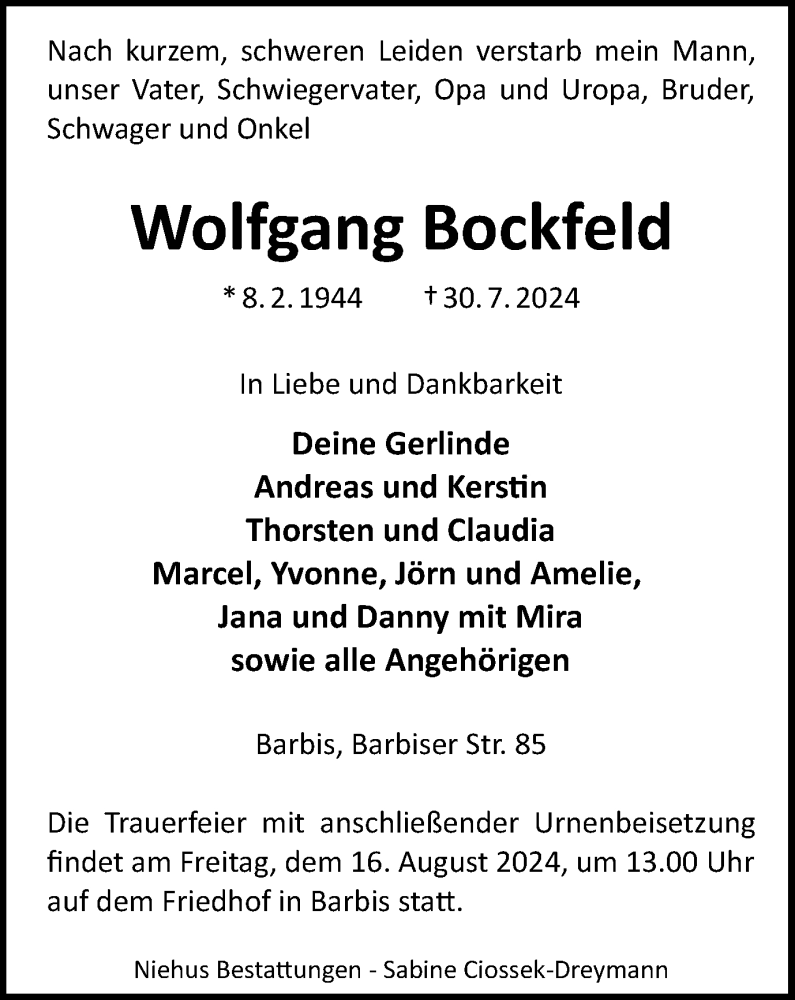  Traueranzeige für Wolfgang Bockfeld vom 03.08.2024 aus Harz Kurier