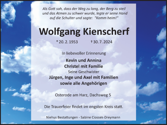 Traueranzeige von Wolfgang Kienscherf von Harz Kurier