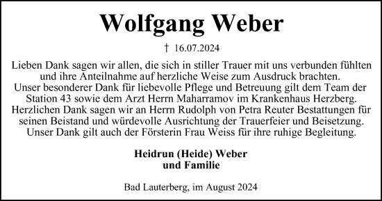 Traueranzeige von Wolfgang Weber von Harz Kurier