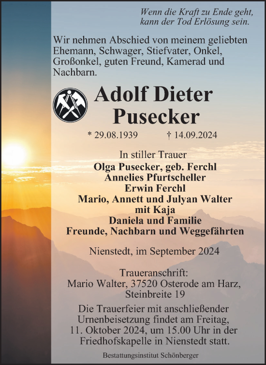 Traueranzeige von Adolf Dieter Pusecker von Harz Kurier
