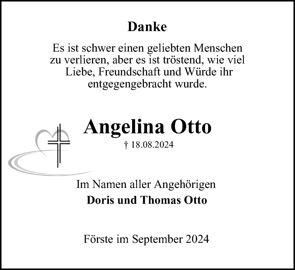  Traueranzeige für Angelina Otto vom 07.09.2024 aus Harz Kurier