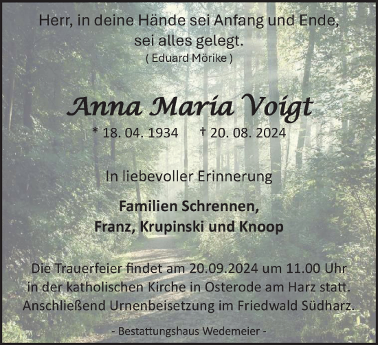 Traueranzeige von Anna Maria Voigt von Harz Kurier