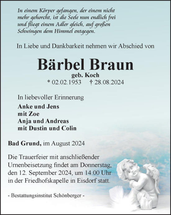 Traueranzeige von Bärbel Braun von Harz Kurier