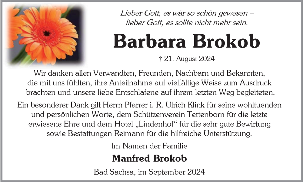  Traueranzeige für Barbara Brokob vom 28.09.2024 aus Harz Kurier