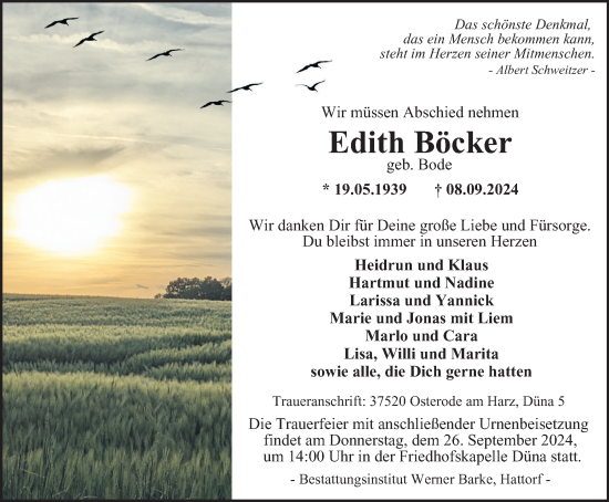 Traueranzeige von Edith Böcker von Harz Kurier
