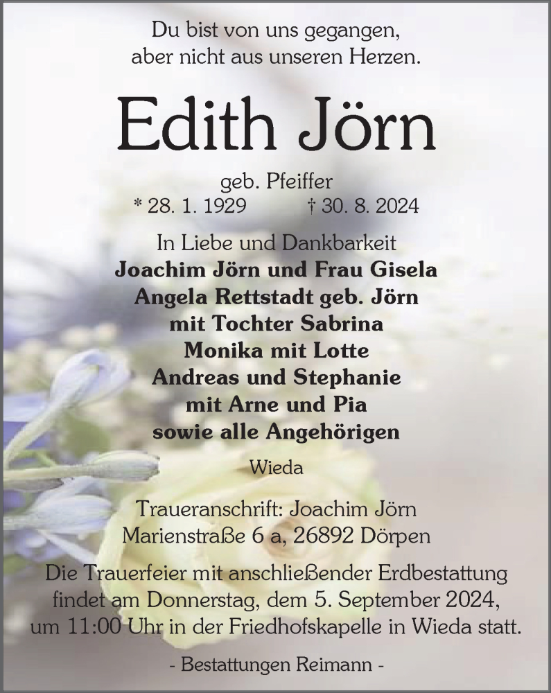  Traueranzeige für Edith Jörn vom 04.09.2024 aus Harz Kurier