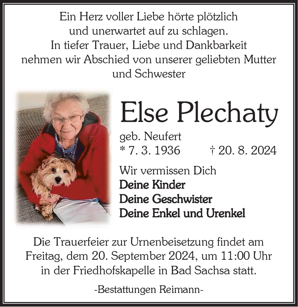  Traueranzeige für Else Plechaty vom 14.09.2024 aus Harz Kurier