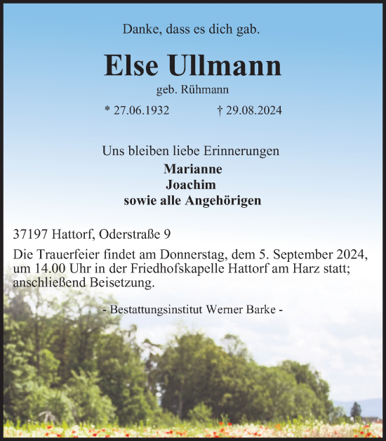 Traueranzeige von Else Ullmann von Harz Kurier