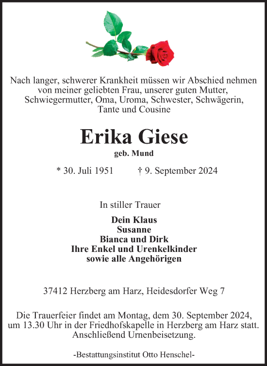Traueranzeige von Erika Giese von Harz Kurier