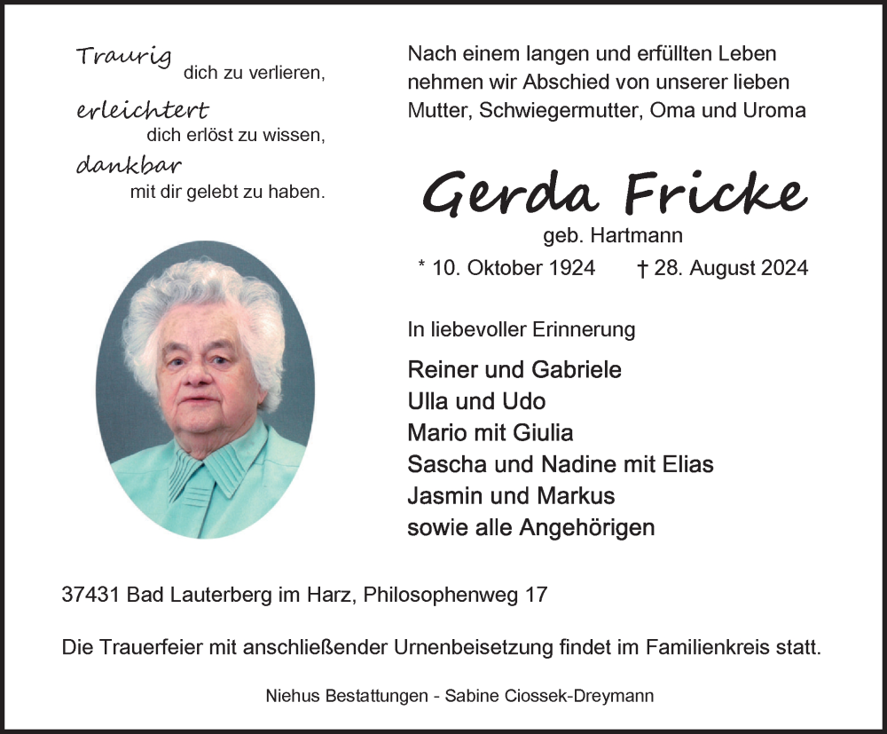  Traueranzeige für Gerda Fricke vom 07.09.2024 aus Harz Kurier
