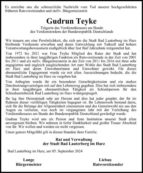 Traueranzeige von Gudrun Teyke von Harz Kurier