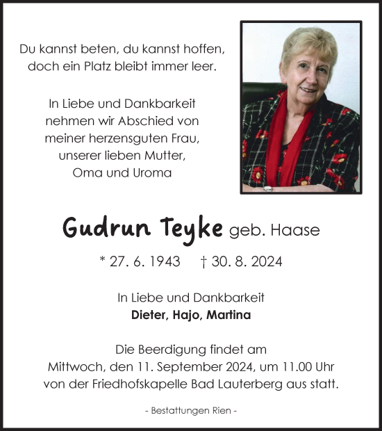 Traueranzeige von Gudrun Teyke von Harz Kurier