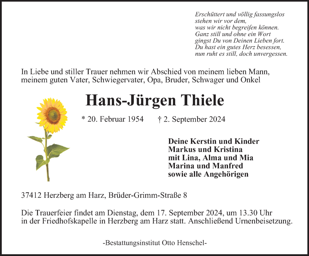  Traueranzeige für Hans-Jürgen Thiele vom 14.09.2024 aus Harz Kurier