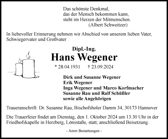 Traueranzeige von Hans Wegener von Harz Kurier