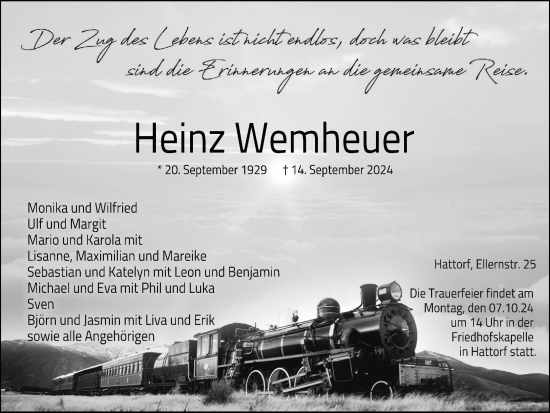 Traueranzeige von Heinz Wemheuer von Harz Kurier