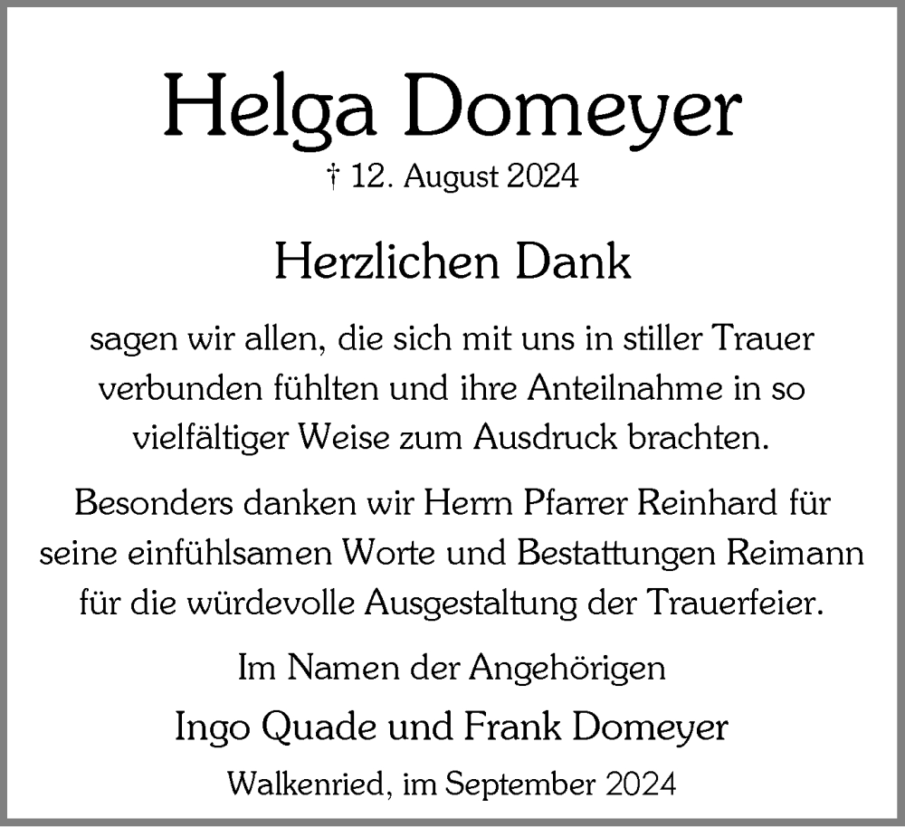  Traueranzeige für Helga Domeyer vom 07.09.2024 aus Harz Kurier