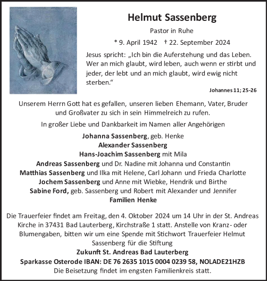 Traueranzeige von Helmut Sassenberg von Harz Kurier