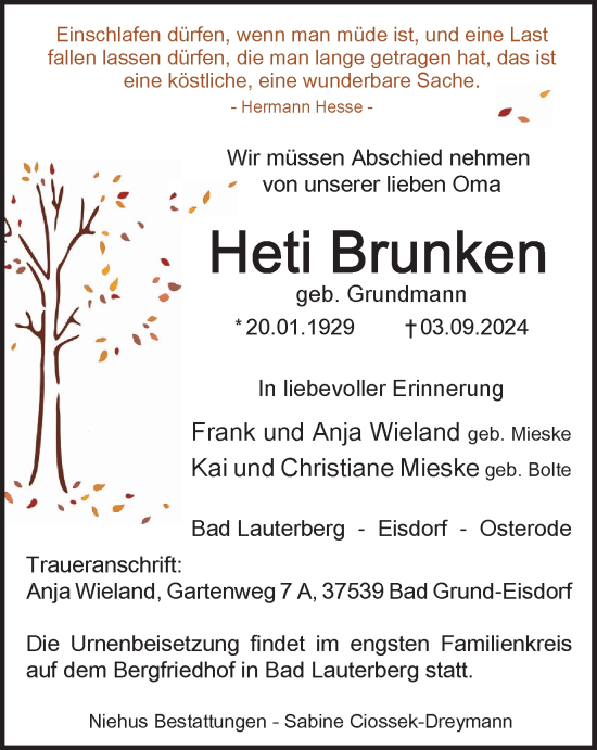 Traueranzeige von Heti Brunken von Harz Kurier